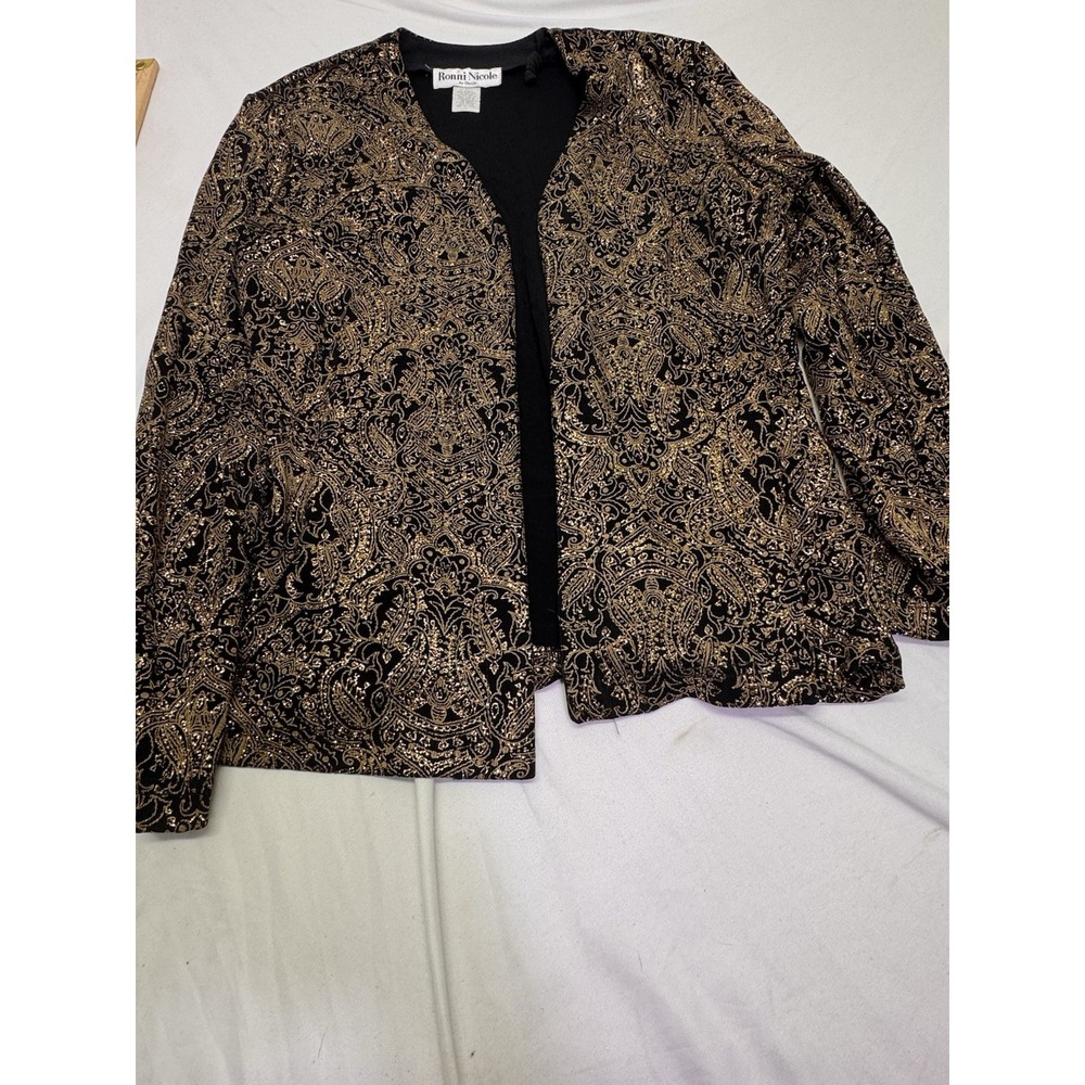 Vintage 1980s Ronni Nicole Womens Sz L Blazer Jacket Black Gold Glitter Floral